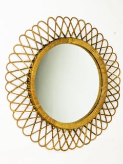 Italian rush & rattan 1960s round wall mirror