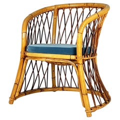 Fauteuil italien en jonc, rotin et velours bleu milieu, années 1960