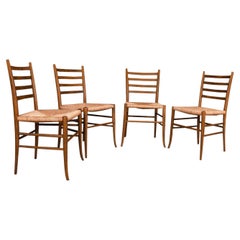 Vintage Italian Rush Seat Ladder Back Walnut Chairs in the Style of Gio Ponti