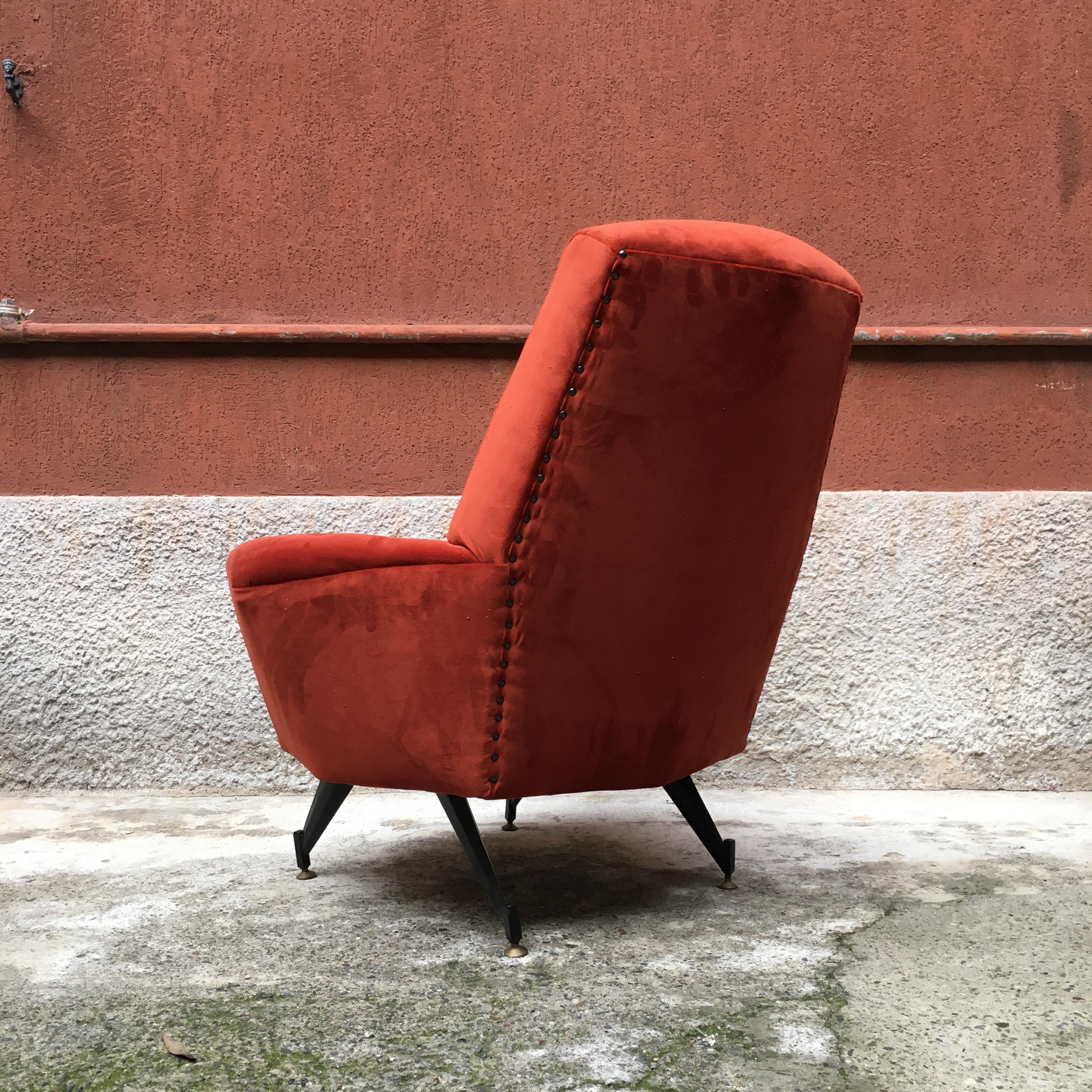 Mid-Century Modern Italian Rust-Colored Velvet and Metal Rod Armchair, 1950s