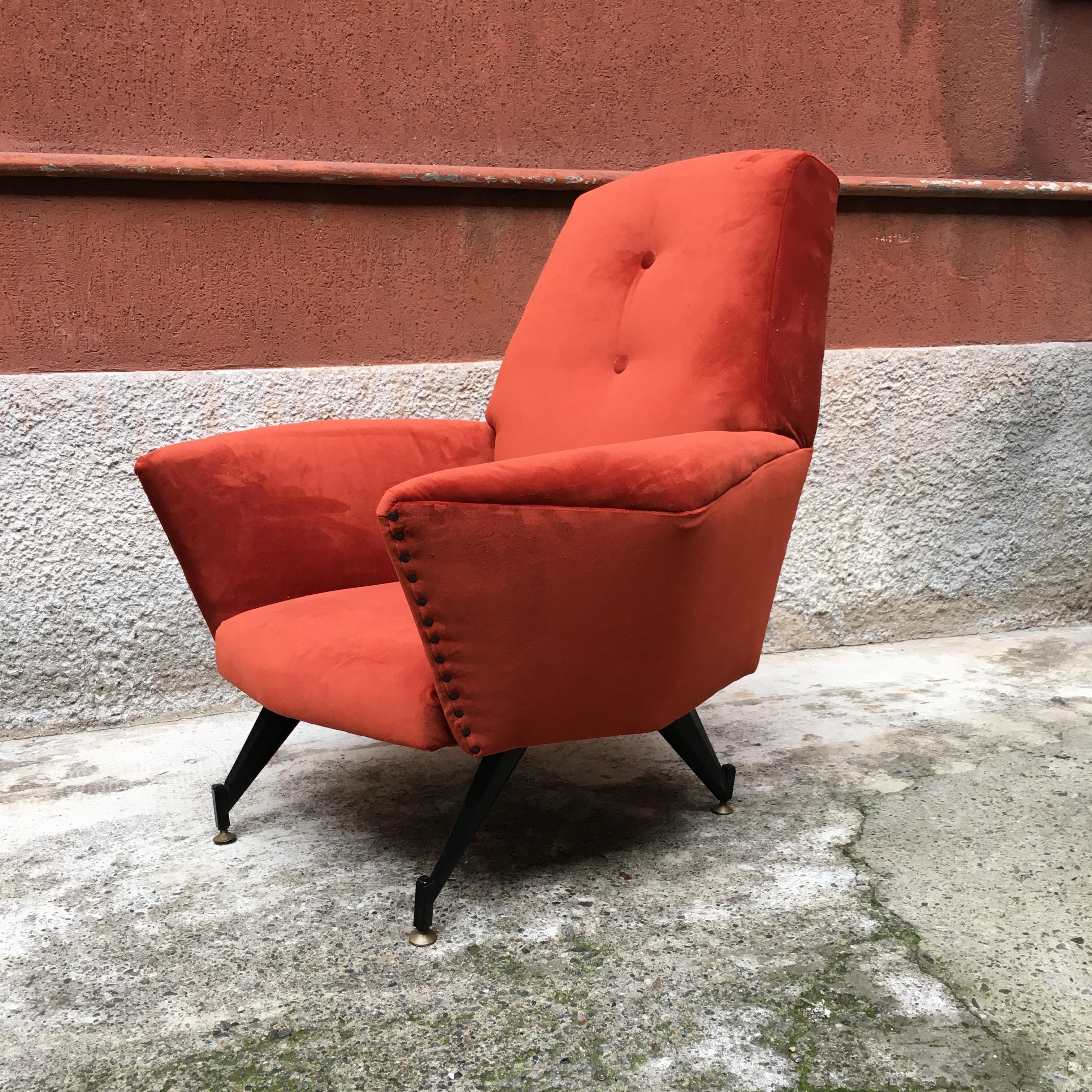 Italian Rust-Colored Velvet and Metal Rod Armchair, 1950s 1