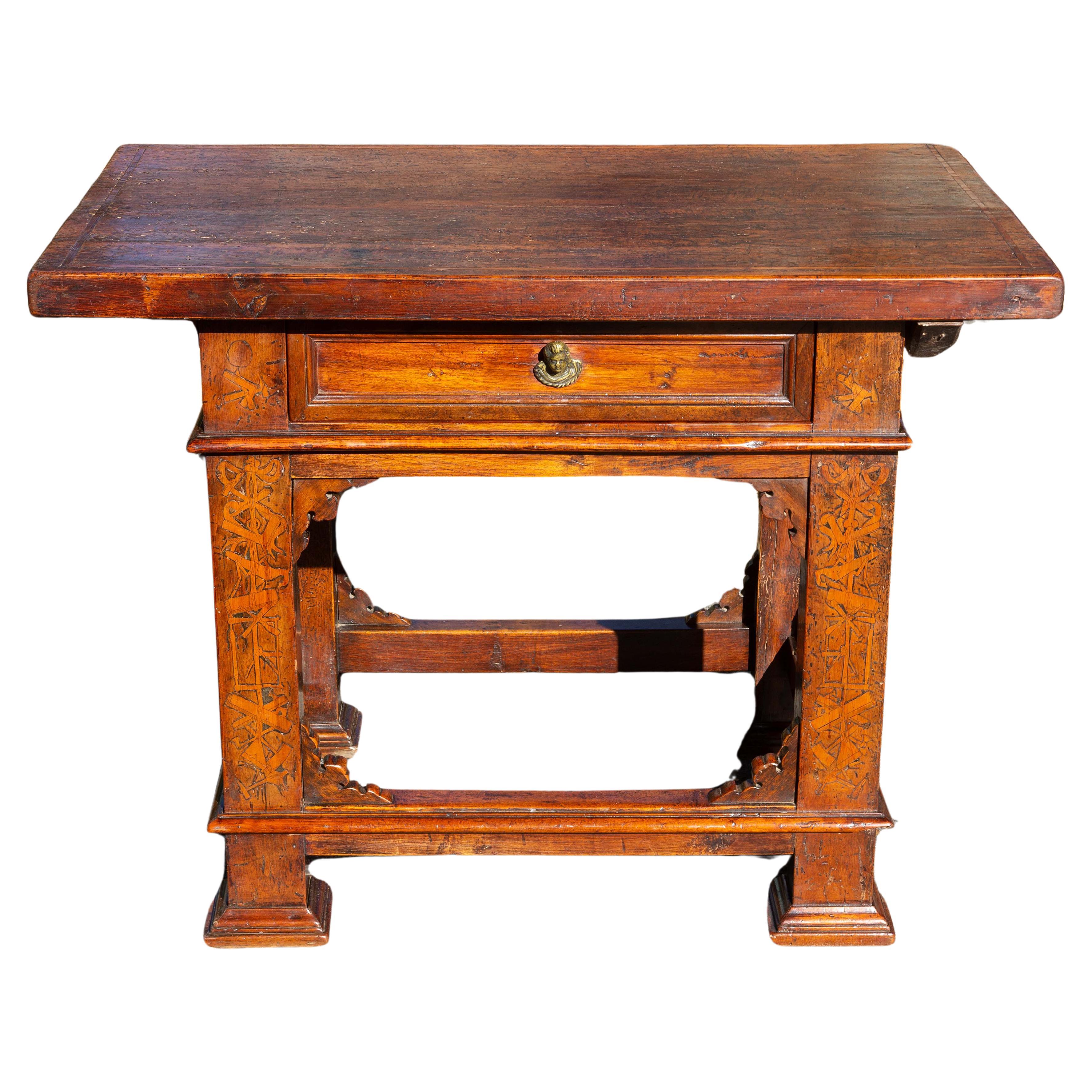 Italian Rustic Baroque Tuscan Table with Marquetry 17th Century 