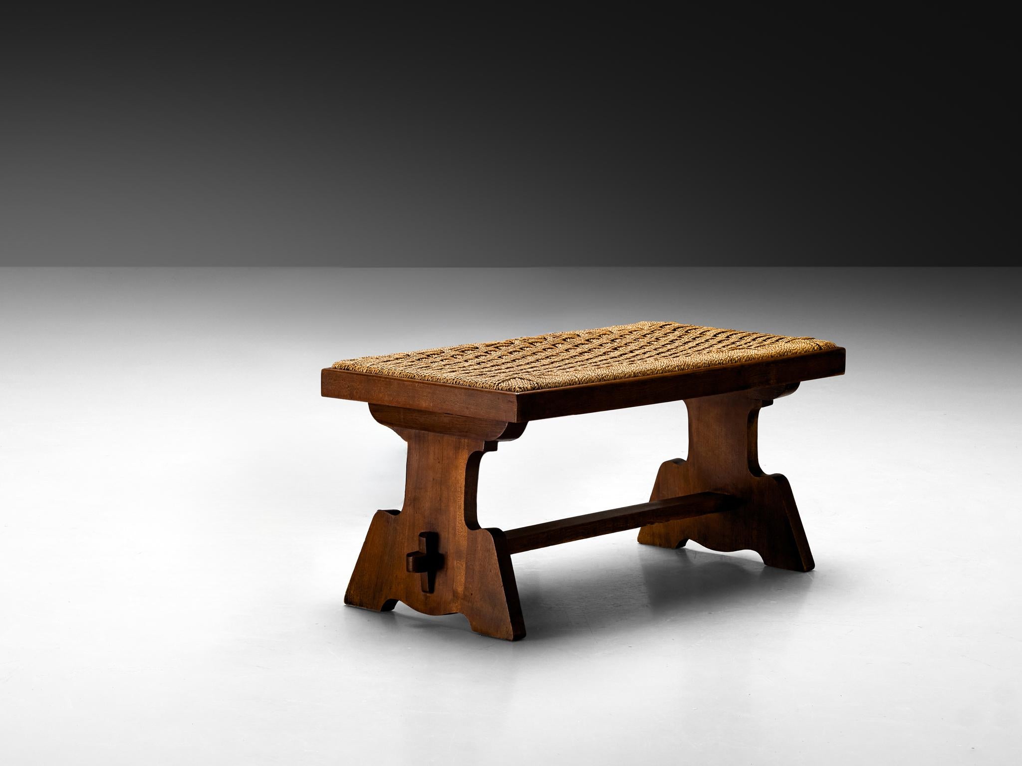 Mid-20th Century Italian Rustic Bench in Woven Straw and Chestnut