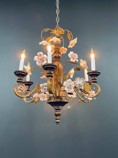 Italian Rustic Farmhouse Gilt Metal & Wood Chandelier w/ Porcelain Roses