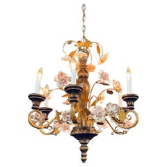 Italian Rustic Farmhouse Gilt Metal & Wood Chandelier w/ Porcelain Roses