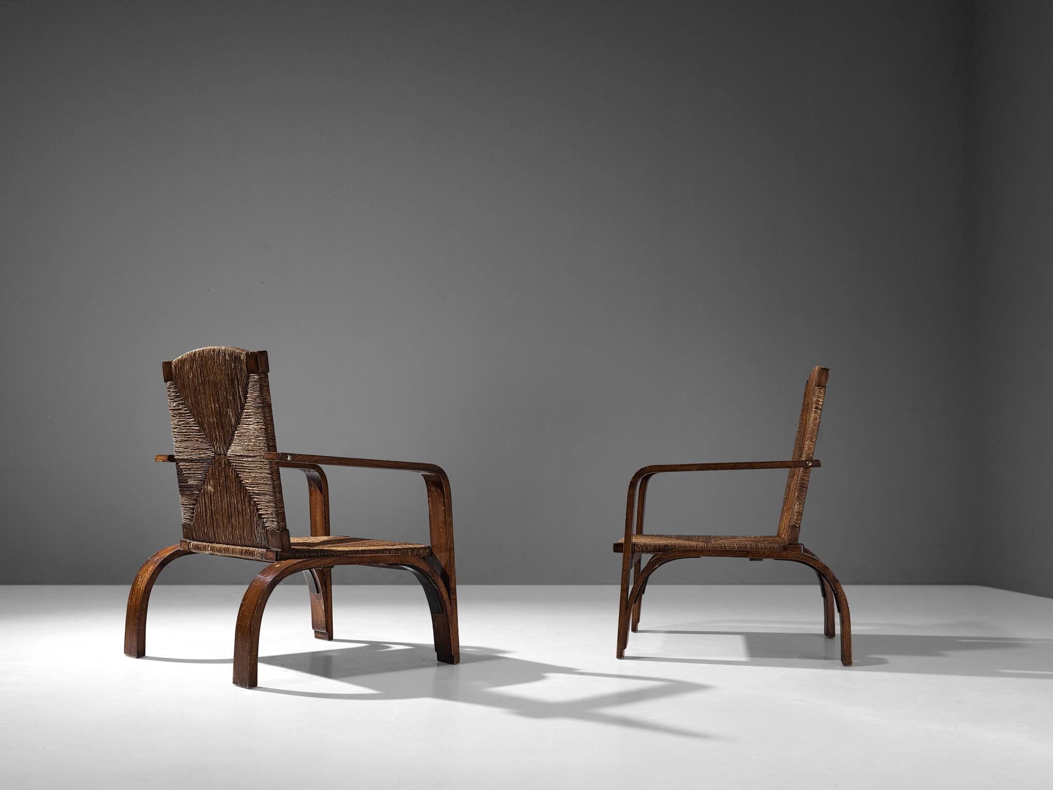 Mid-20th Century Italian Rustic Large Pair of Lounge Chairs in Straw