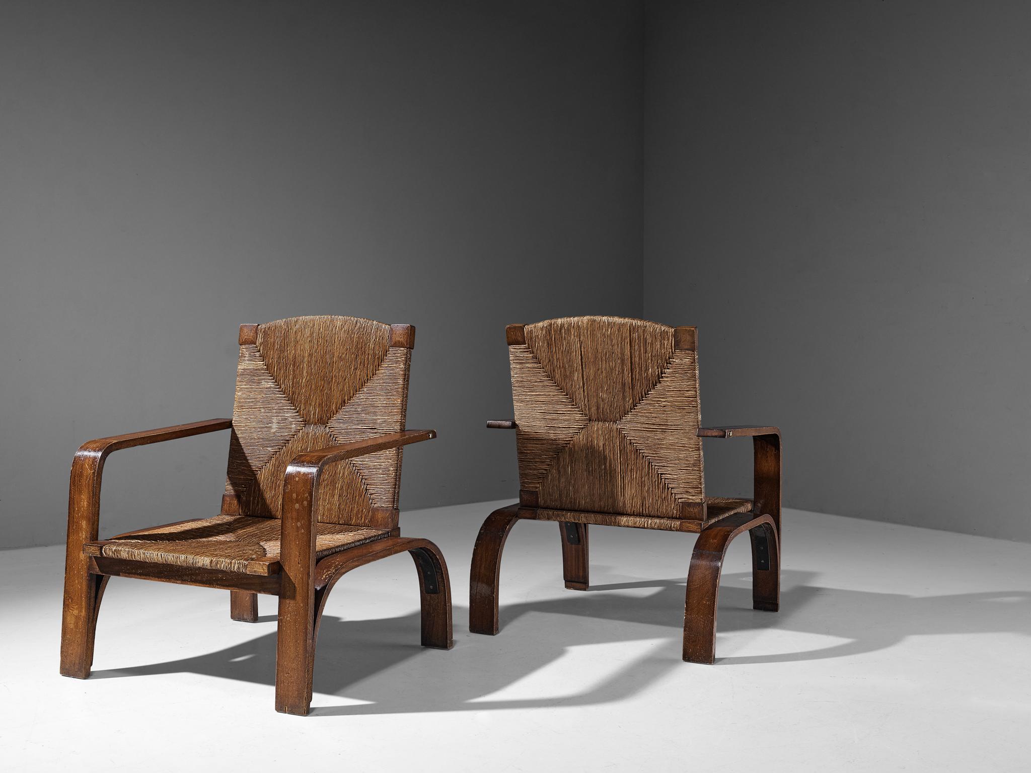 Italian Rustic Large Pair of Lounge Chairs in Straw 1