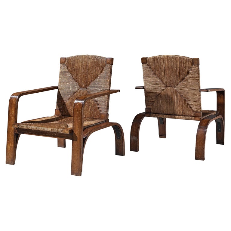 Italian Rustic Large Pair of Lounge Chairs in Straw For Sale
