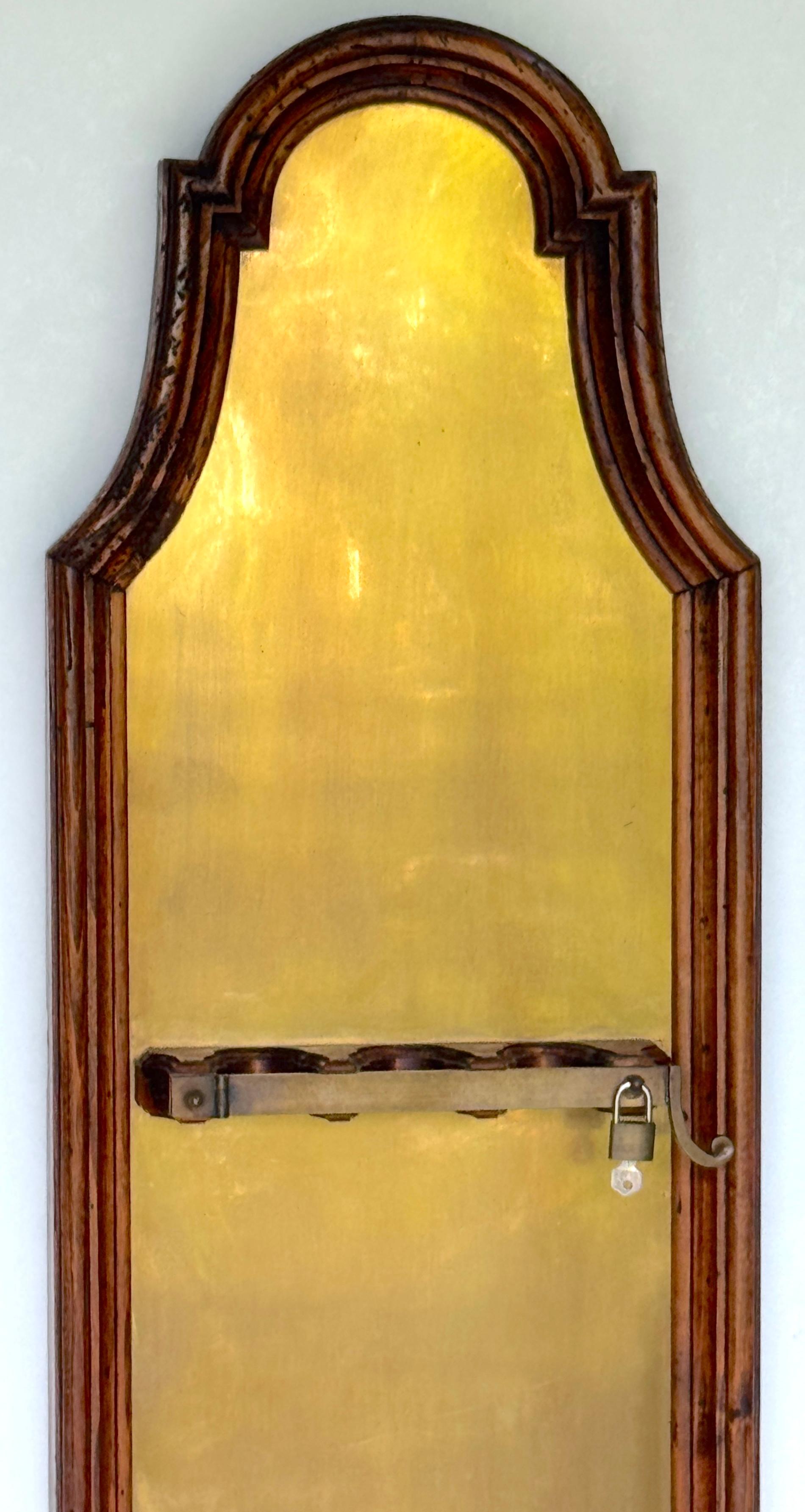 Carved Italian Rustic Neoclassical Hanging Rifle Cabinet Fruitwood and Brass, C. 1950s For Sale
