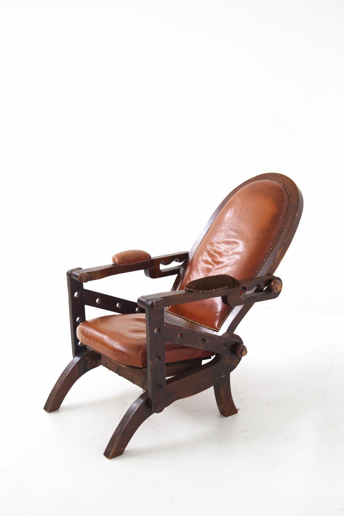 Italian Rustic Style Leather and Wood Armchair For Sale 3