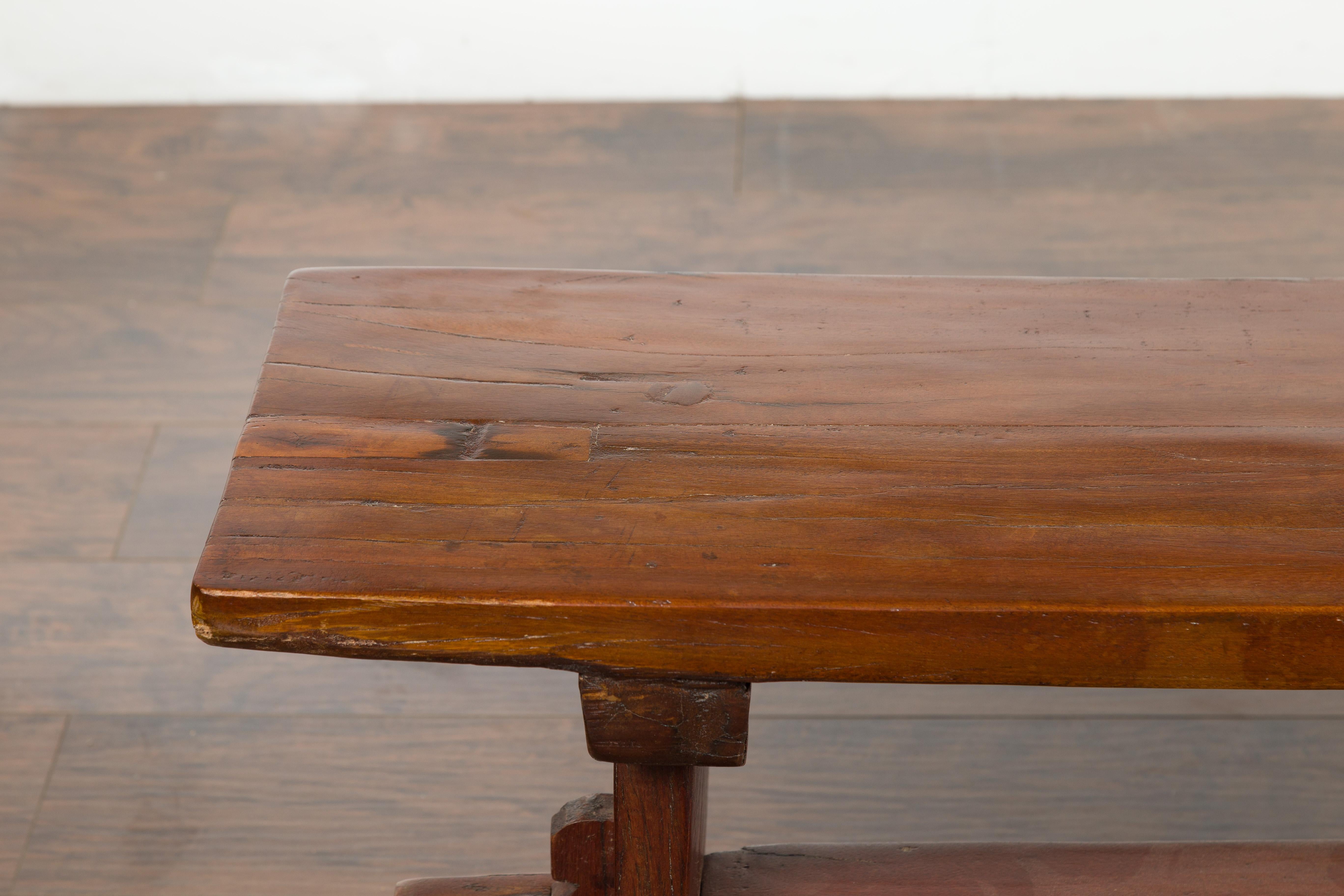 Italian Rustic Walnut Bench with Trestle Base from the Early 19th Century In Good Condition In Atlanta, GA