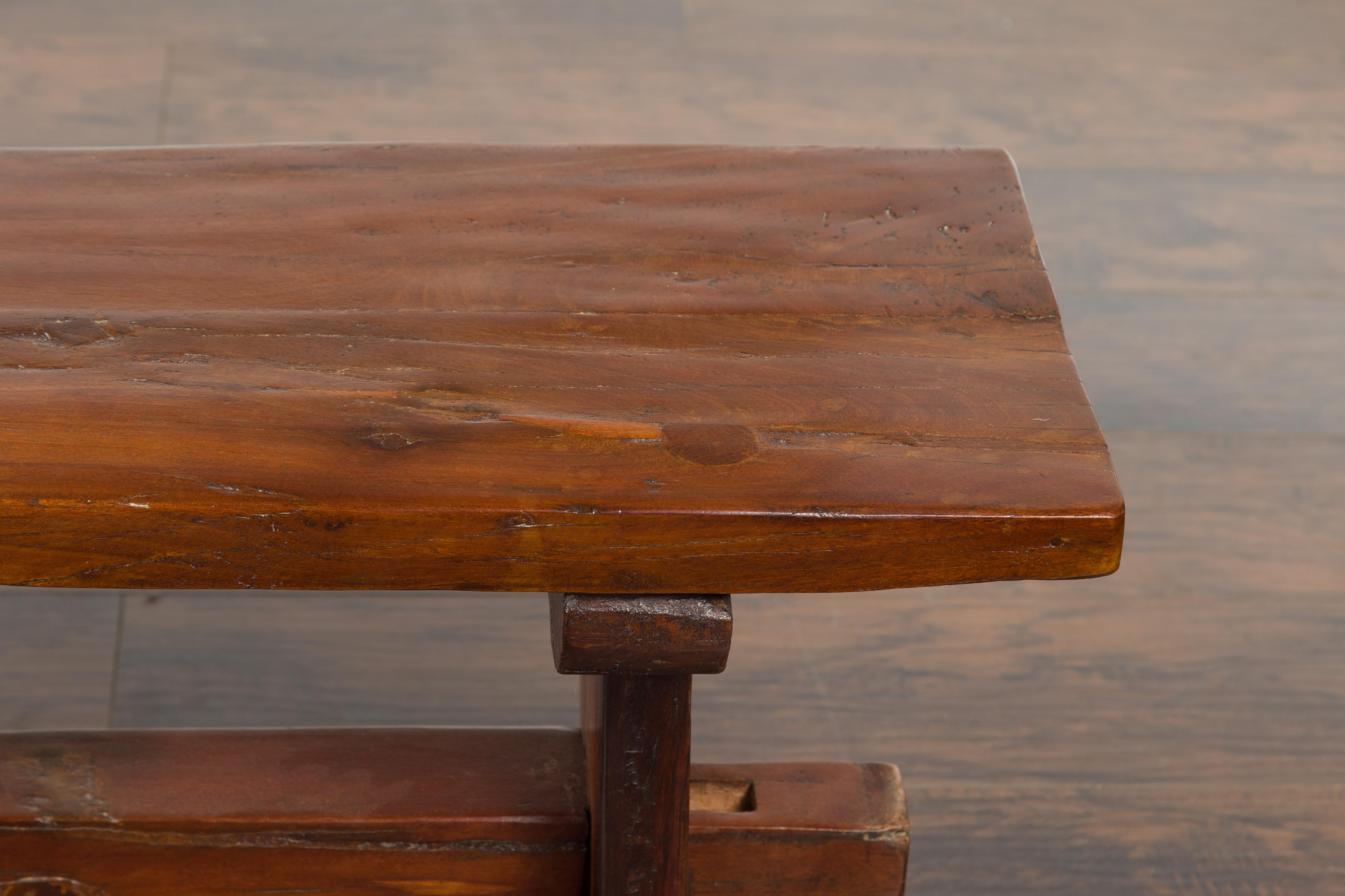 Italian Rustic Walnut Bench with Trestle Base from the Early 19th Century 1