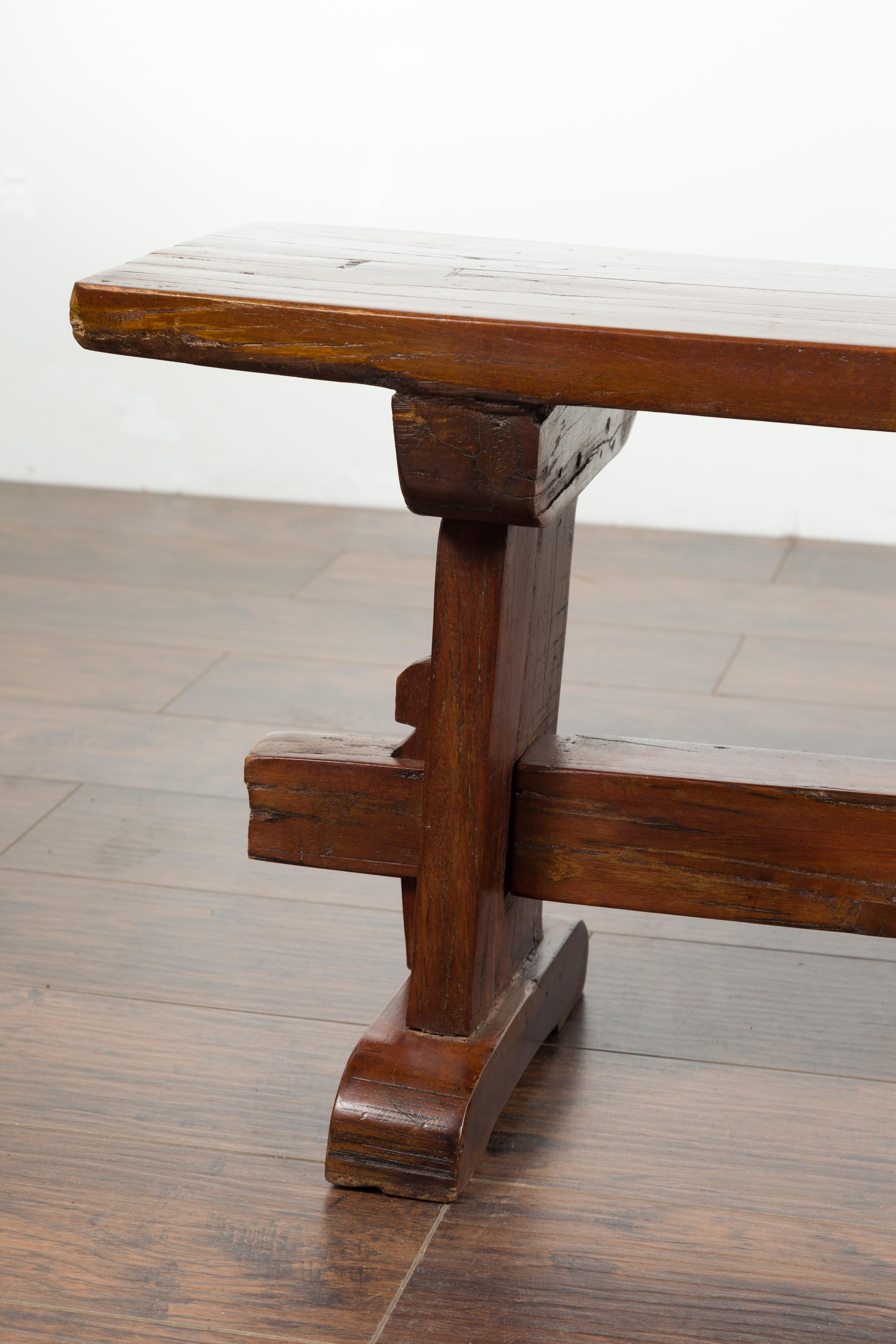 Italian Rustic Walnut Bench with Trestle Base from the Early 19th Century 2