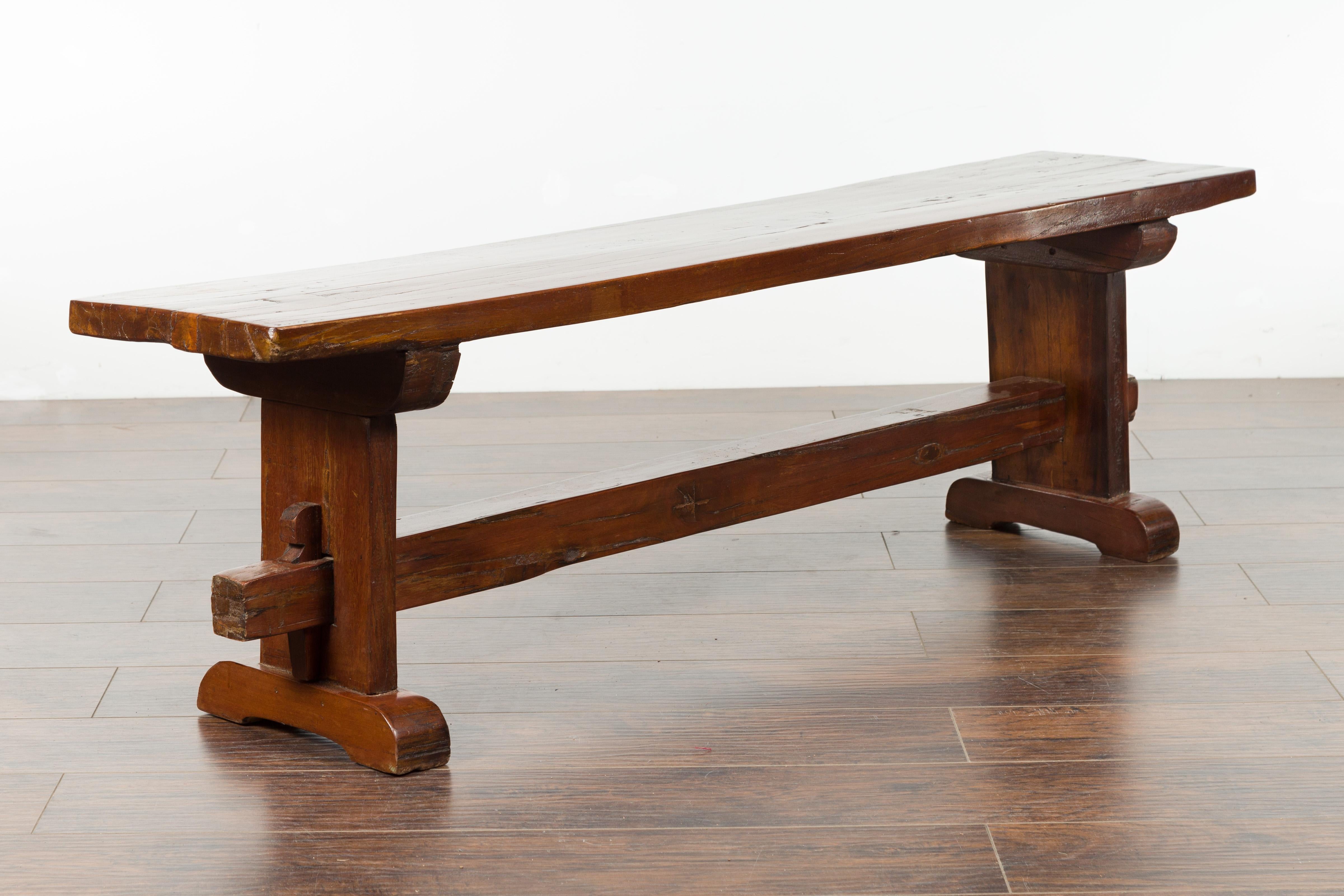 Italian Rustic Walnut Bench with Trestle Base from the Early 19th Century 4