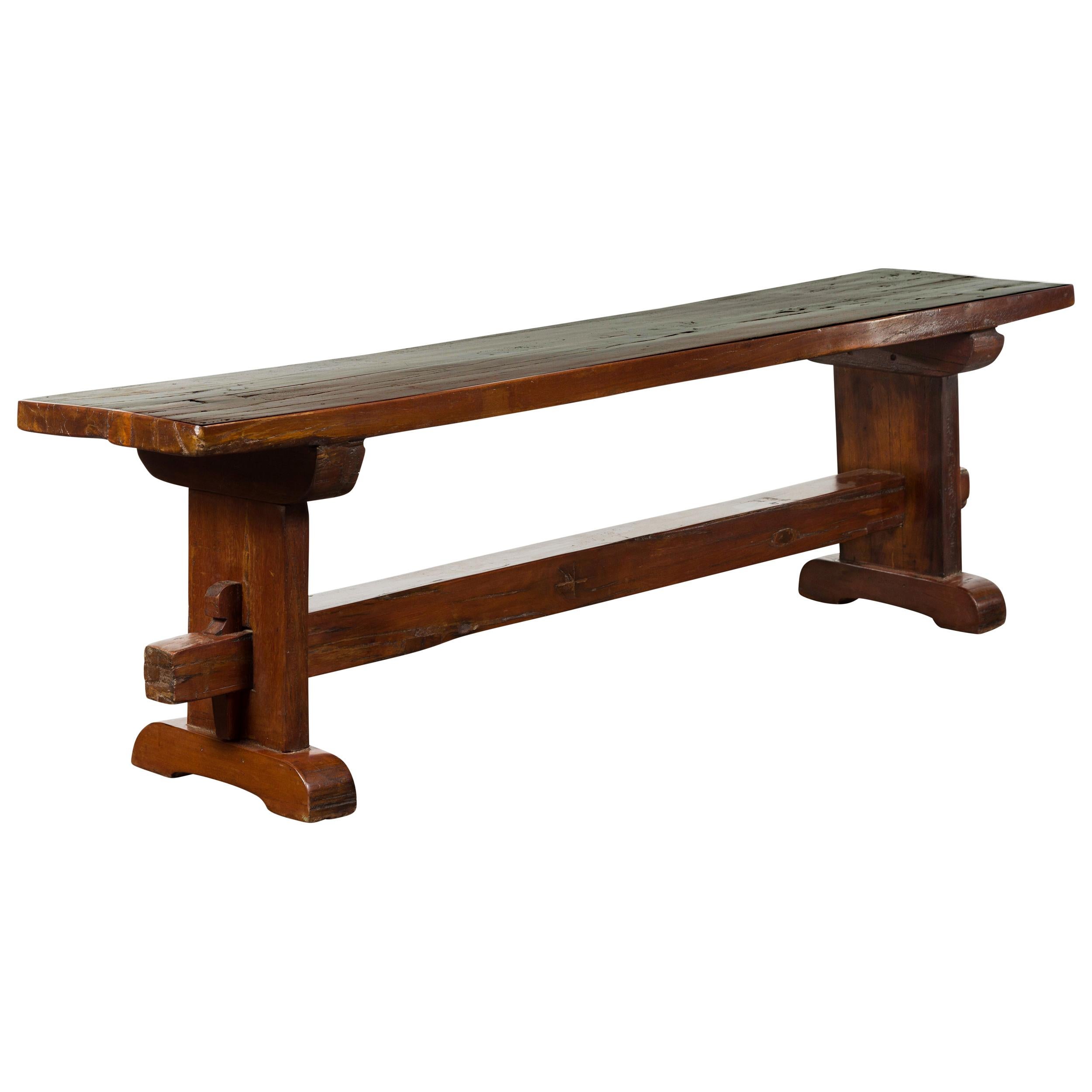 Italian Rustic Walnut Bench with Trestle Base from the Early 19th Century