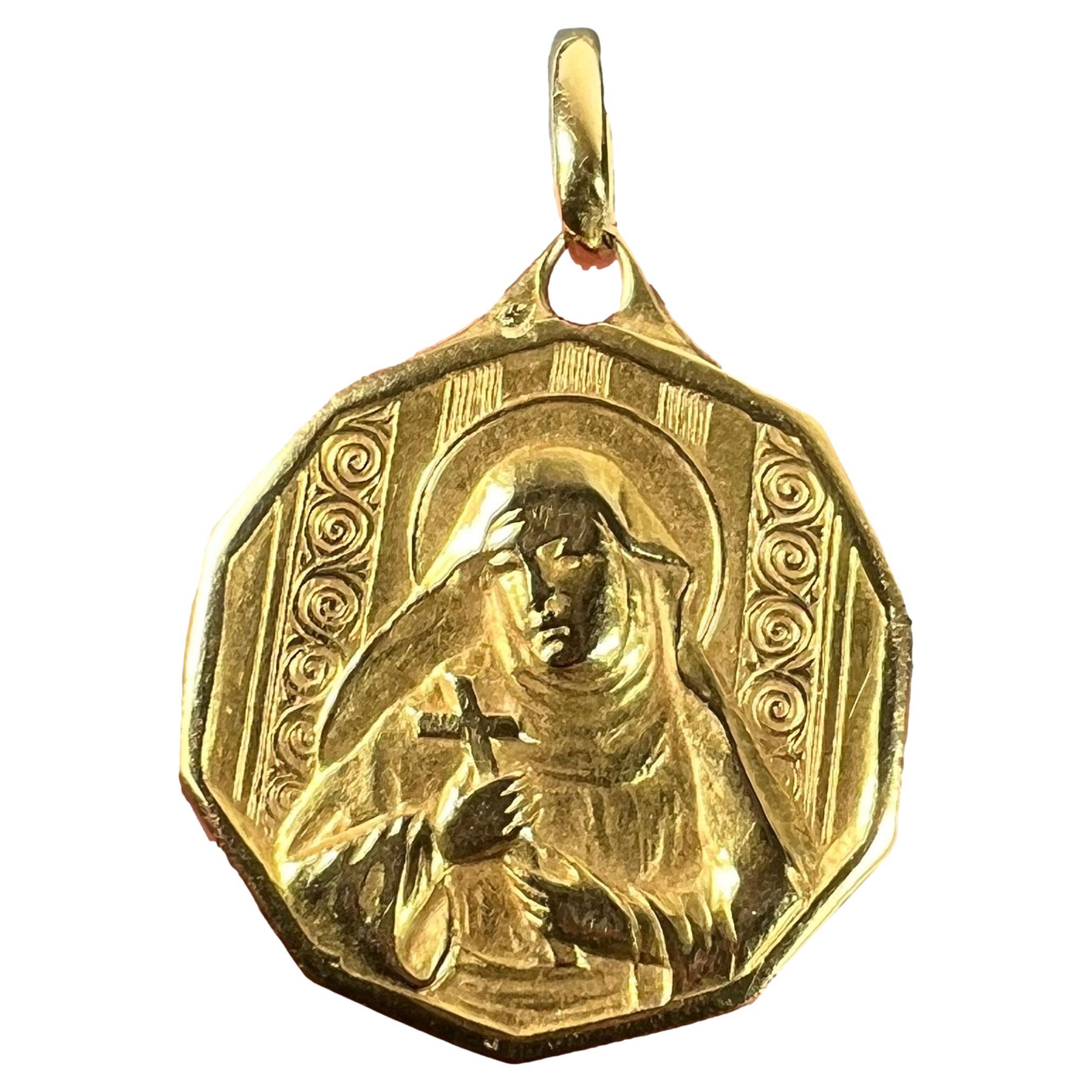 Italian Saint Therese 18K Yellow Gold Charm Medal Pendant For Sale