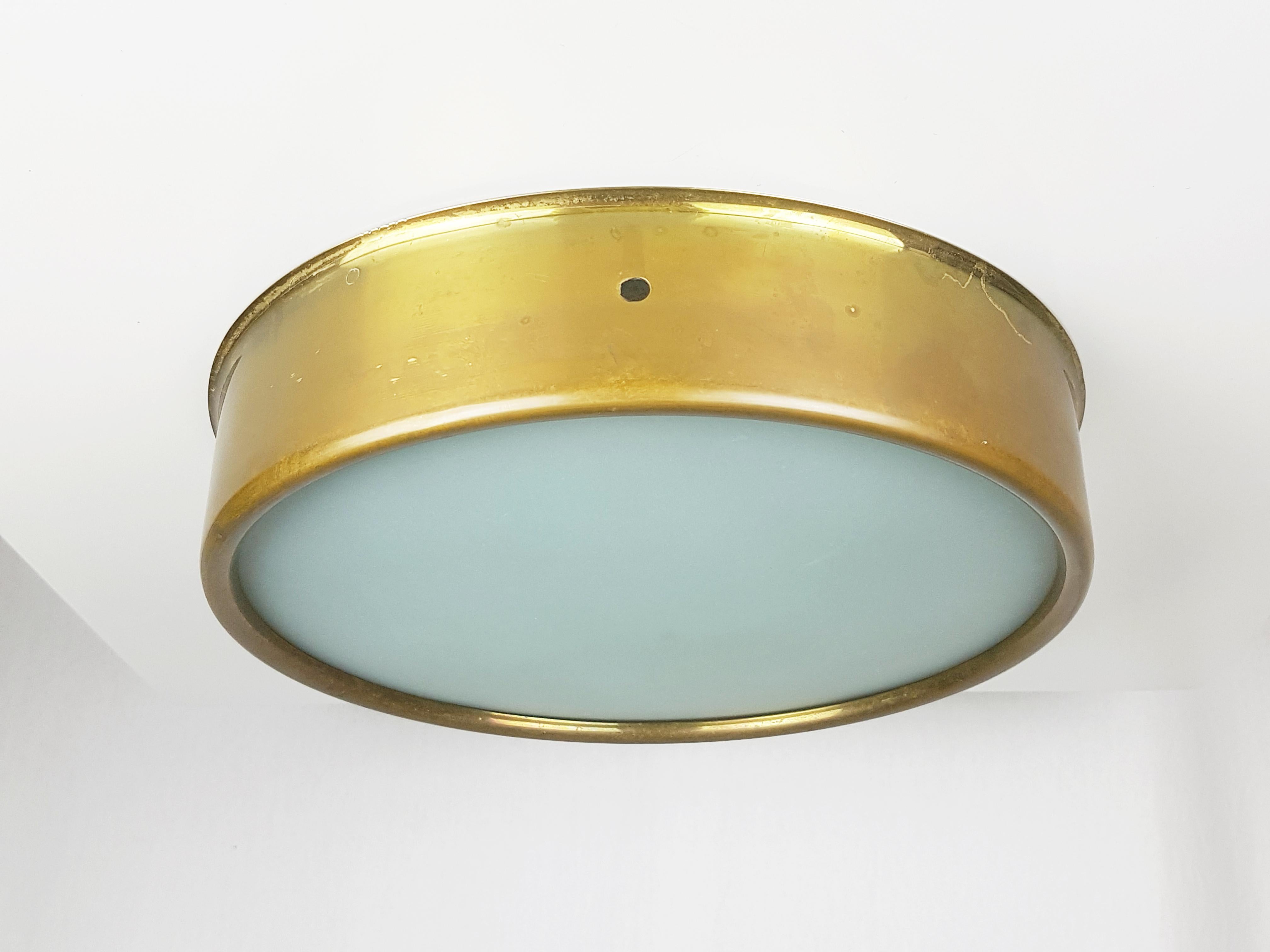 Mid-Century Modern Italian Sandblasted Glass and Brass Flush Mount Ceiling Lamp, 1950s For Sale