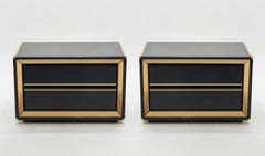 Italian Sandro Petti Black Lacquered Brass Mirrored Nightstands Tables, 1970s