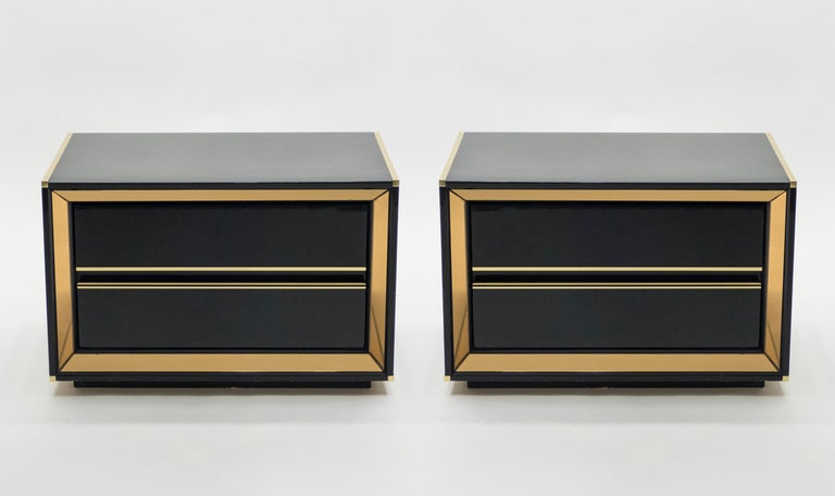 Italian Sandro Petti Black Lacquered Brass Mirrored Nightstands