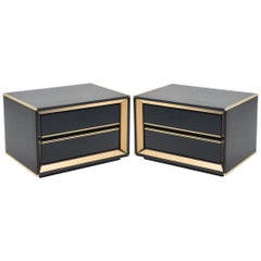 Italian Sandro Petti Black Lacquered Brass Mirrored Nightstands Tables, 1970s
