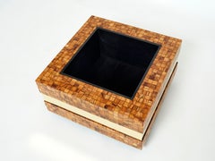 Italian Sandro Petti Olive Wood Marquetry Brass Bar Table Planter, 1970s