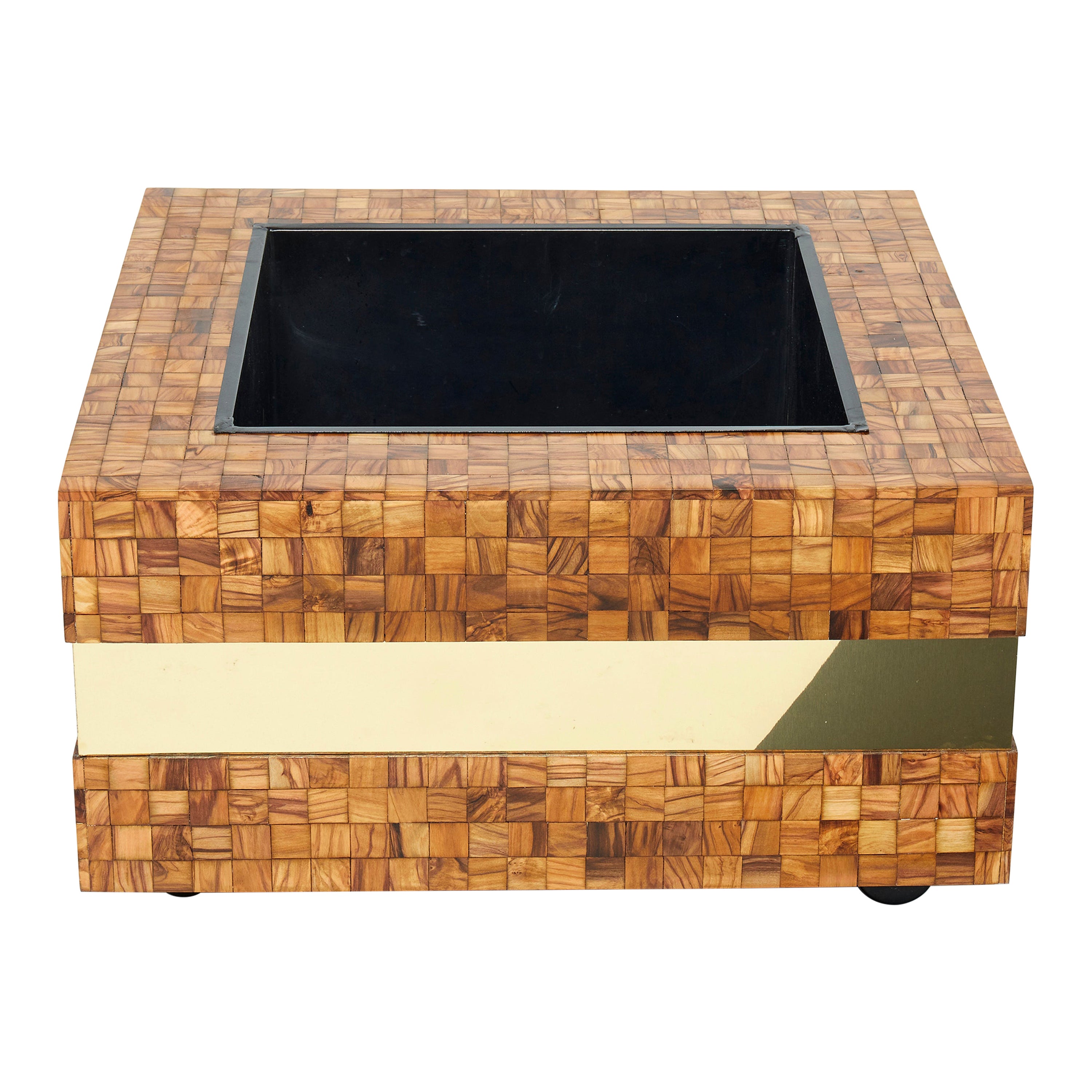 Italian Sandro Petti Olive Wood Marquetry Brass Bar Table Planter, 1970s