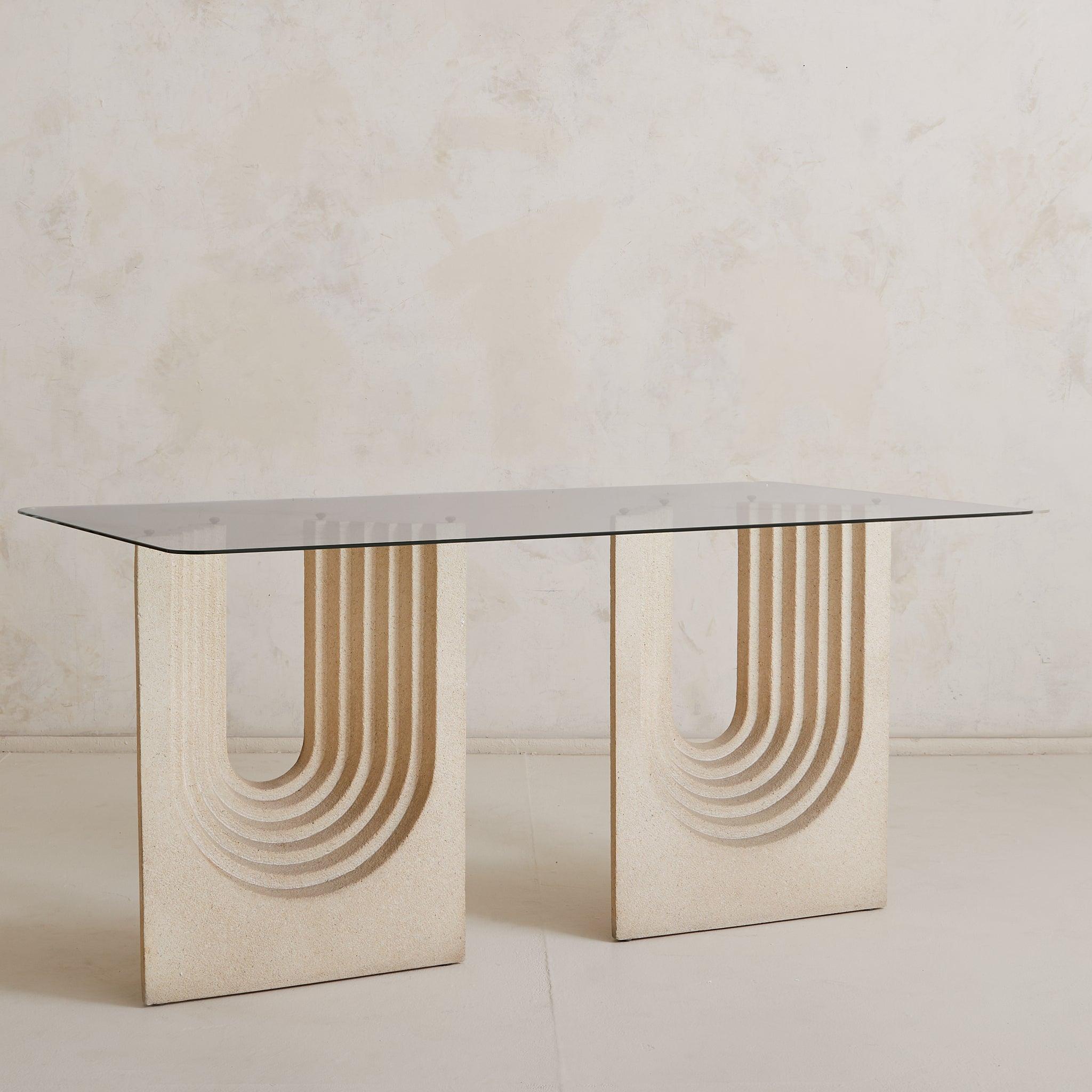 Modern Italian Sandstone Base Dining Table with Glass Top in the Manner of Carlo Scarpa For Sale