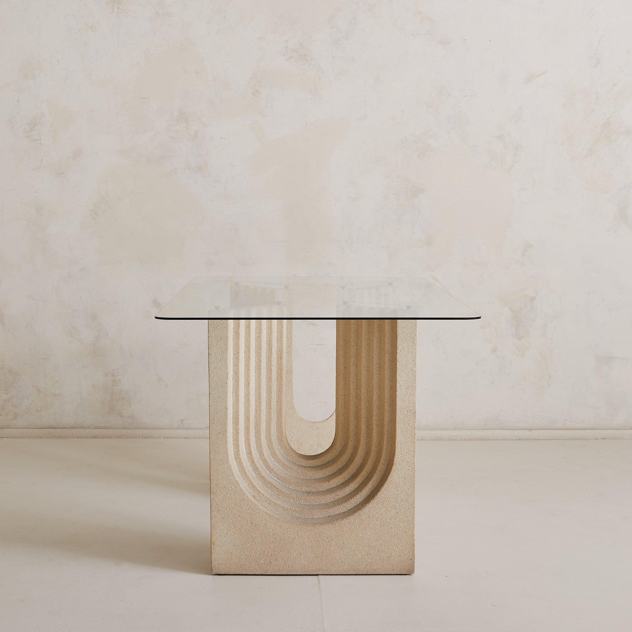 Italian Sandstone Base Dining Table with Glass Top in the Manner of Carlo Scarpa In Excellent Condition For Sale In Chicago, IL