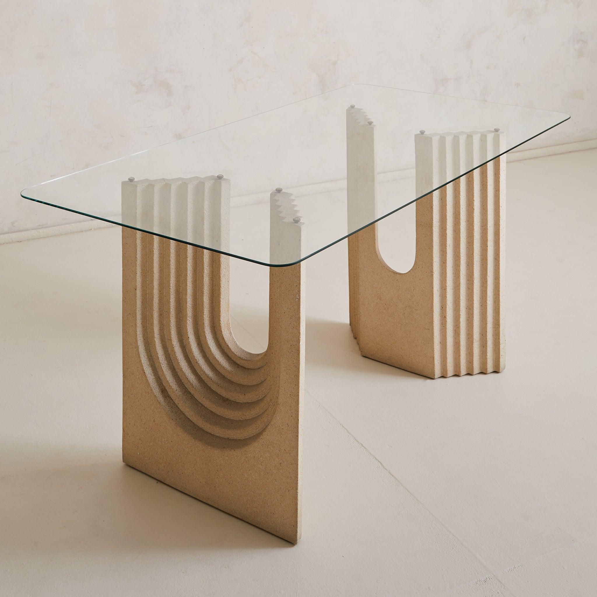 Late 20th Century Italian Sandstone Base Dining Table with Glass Top in the Manner of Carlo Scarpa For Sale