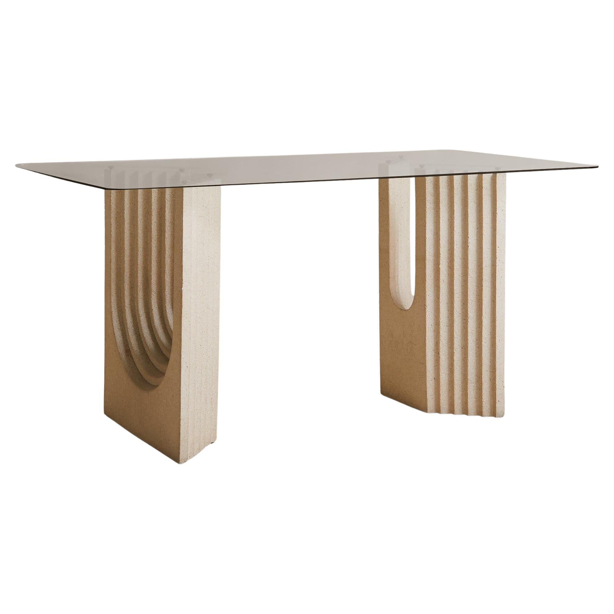 Italian Sandstone Base Dining Table with Glass Top in the Manner of Carlo Scarpa For Sale
