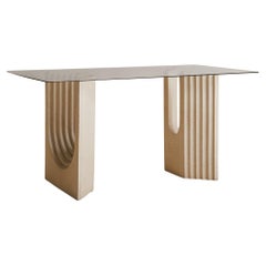 Italian Sandstone Base Dining Table with Glass Top in the Manner of Carlo Scarpa