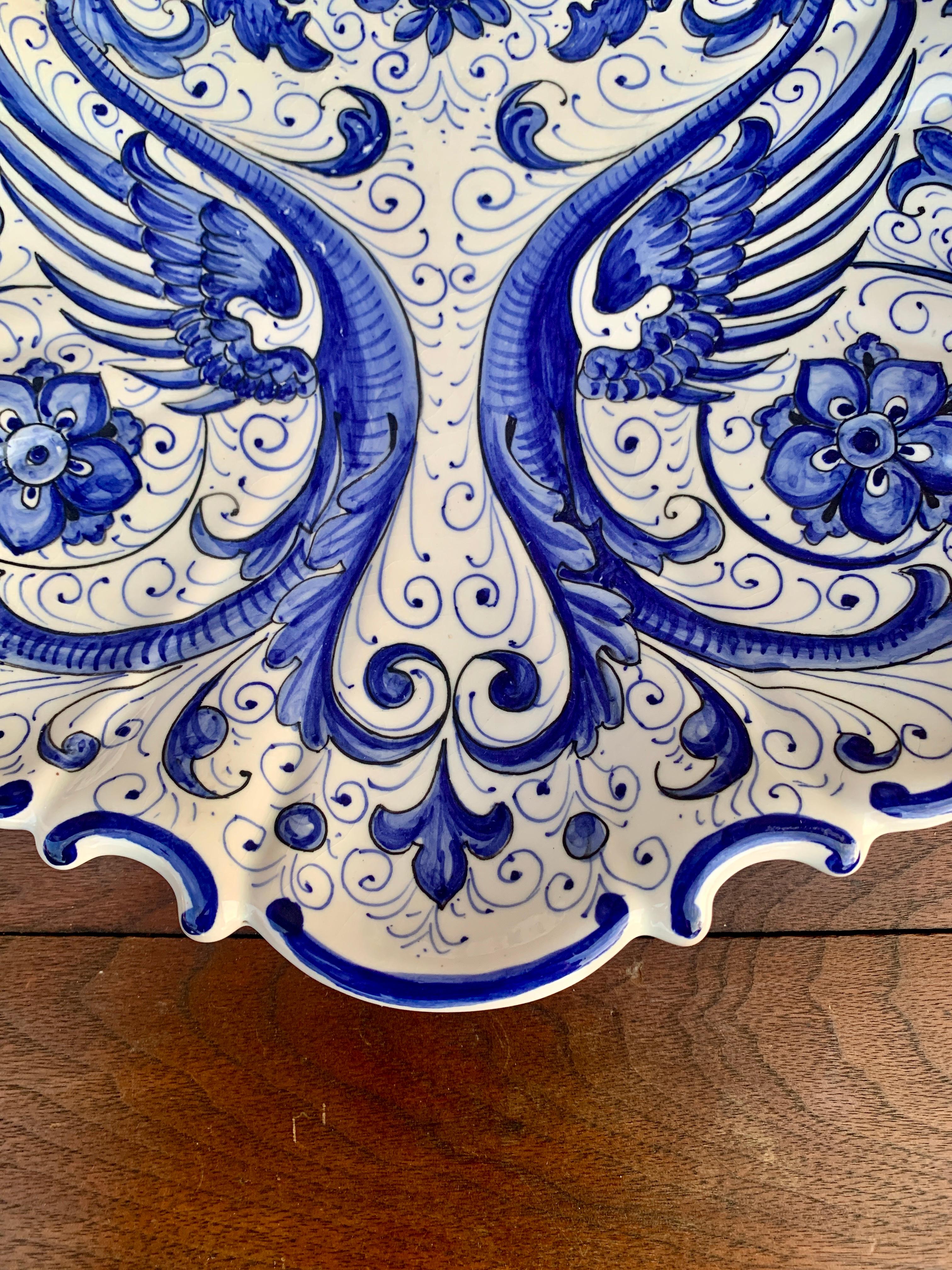 Italian Santucci Deruta Painted Blue & White Scalloped Faience Wall Plate For Sale 1