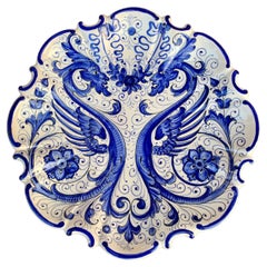 Retro Italian Santucci Deruta Painted Blue & White Scalloped Faience Wall Plate