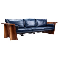 Italian Sapphire Leather and Solid Walnut Wood Sofa, by F.E. Designs