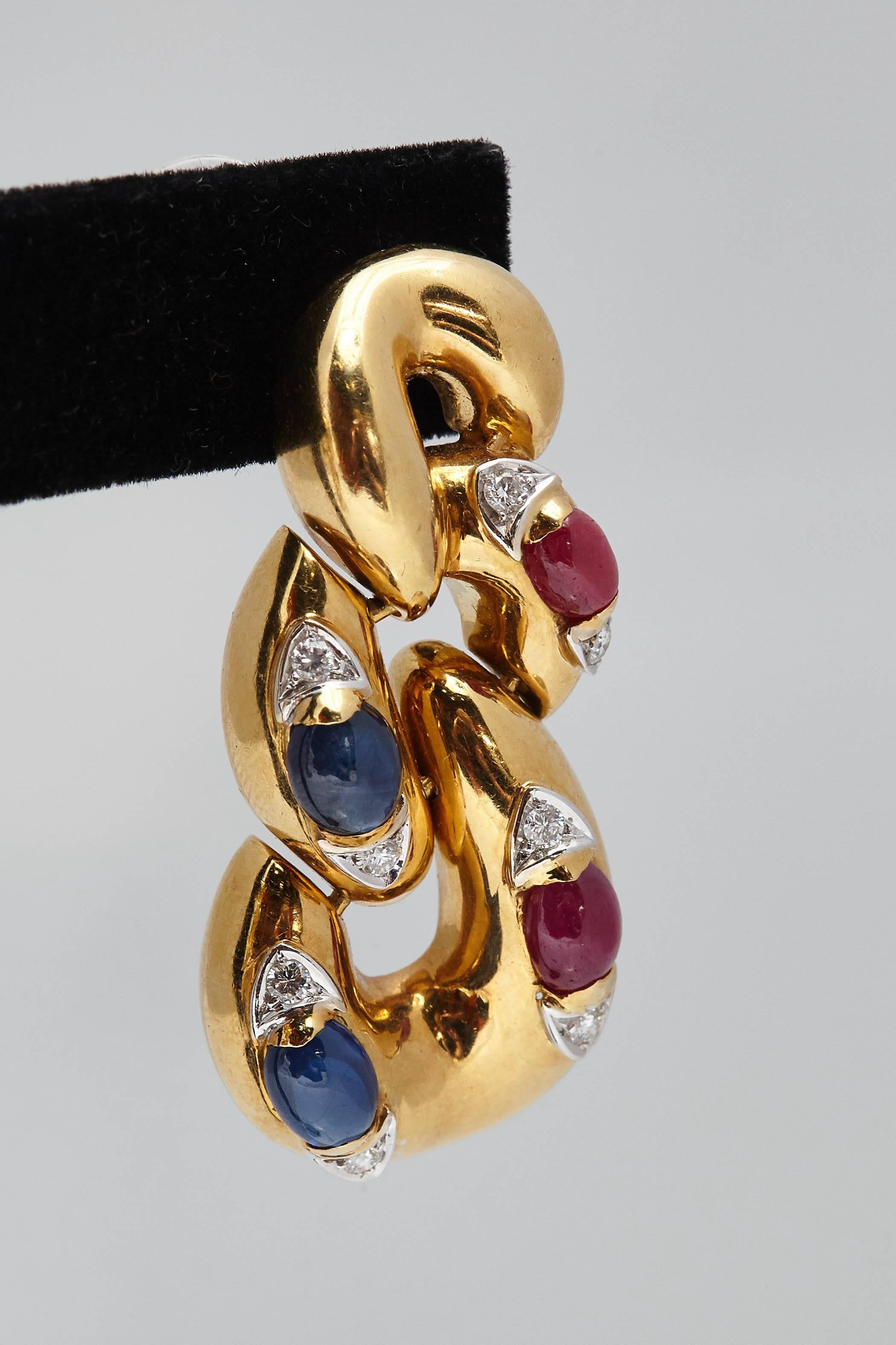 Italian Sapphire Ruby Diamond and Gold Ear Pendants In Excellent Condition In New York, NY