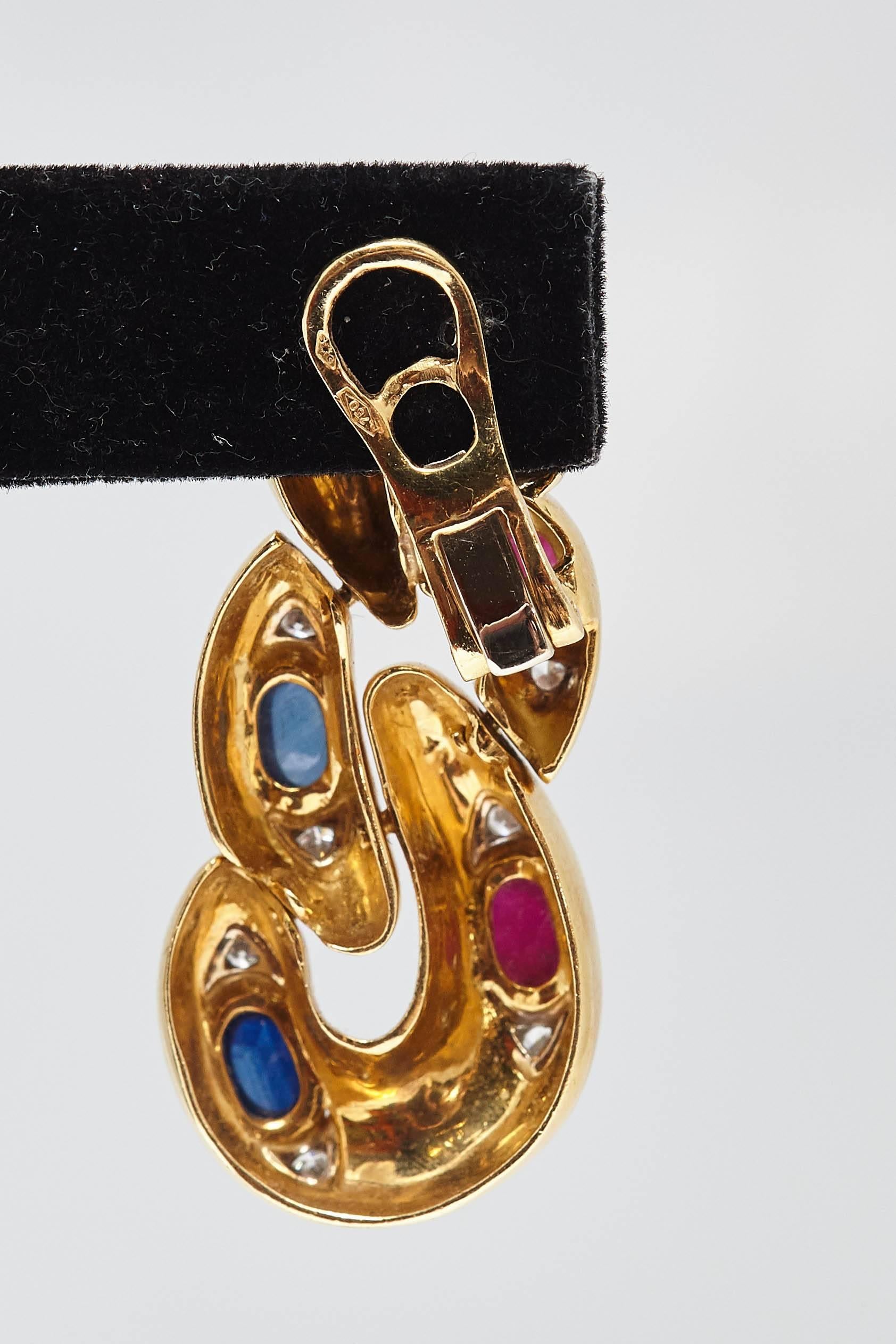 Women's Italian Sapphire Ruby Diamond and Gold Ear Pendants