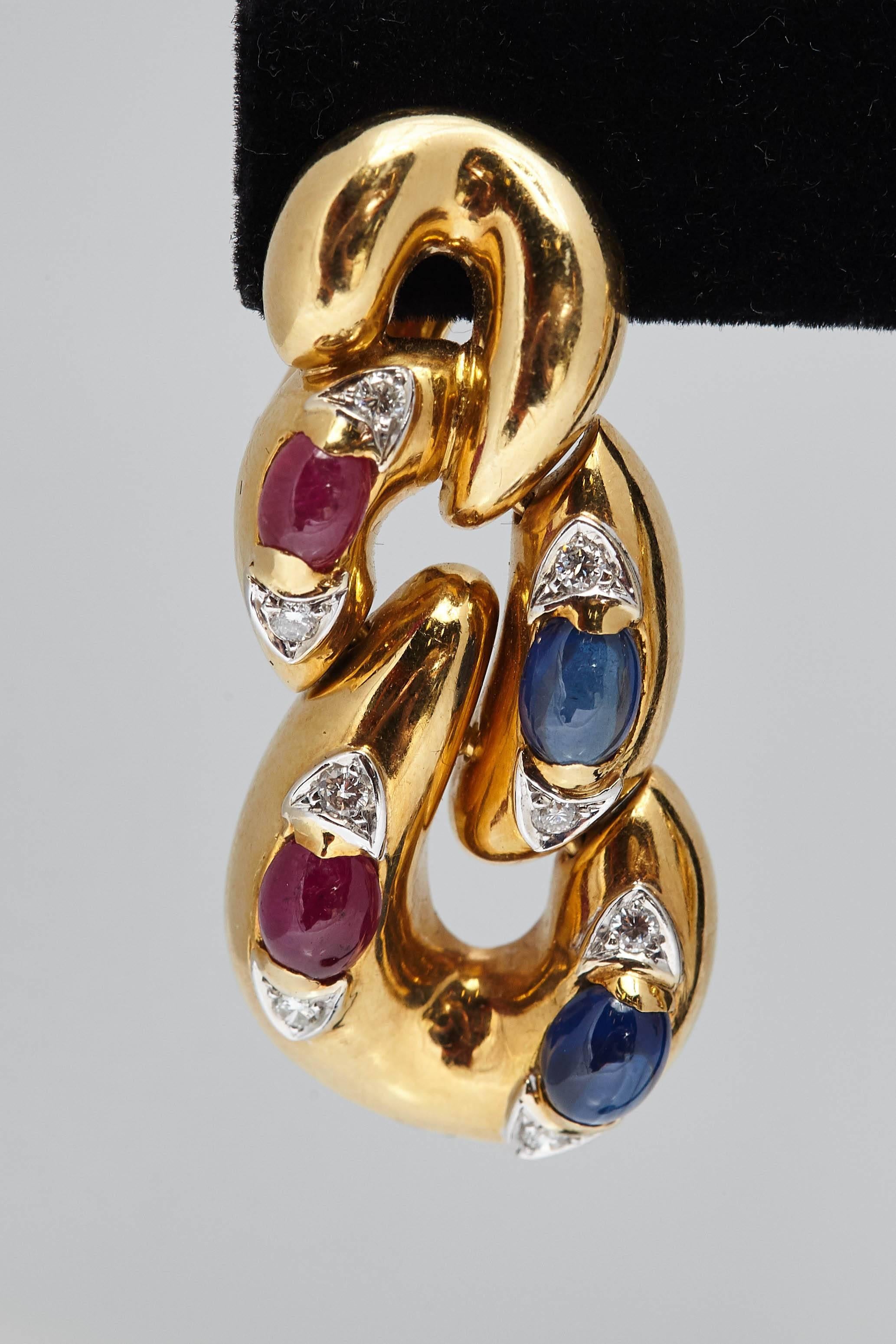 Italian Sapphire Ruby Diamond and Gold Ear Pendants 1