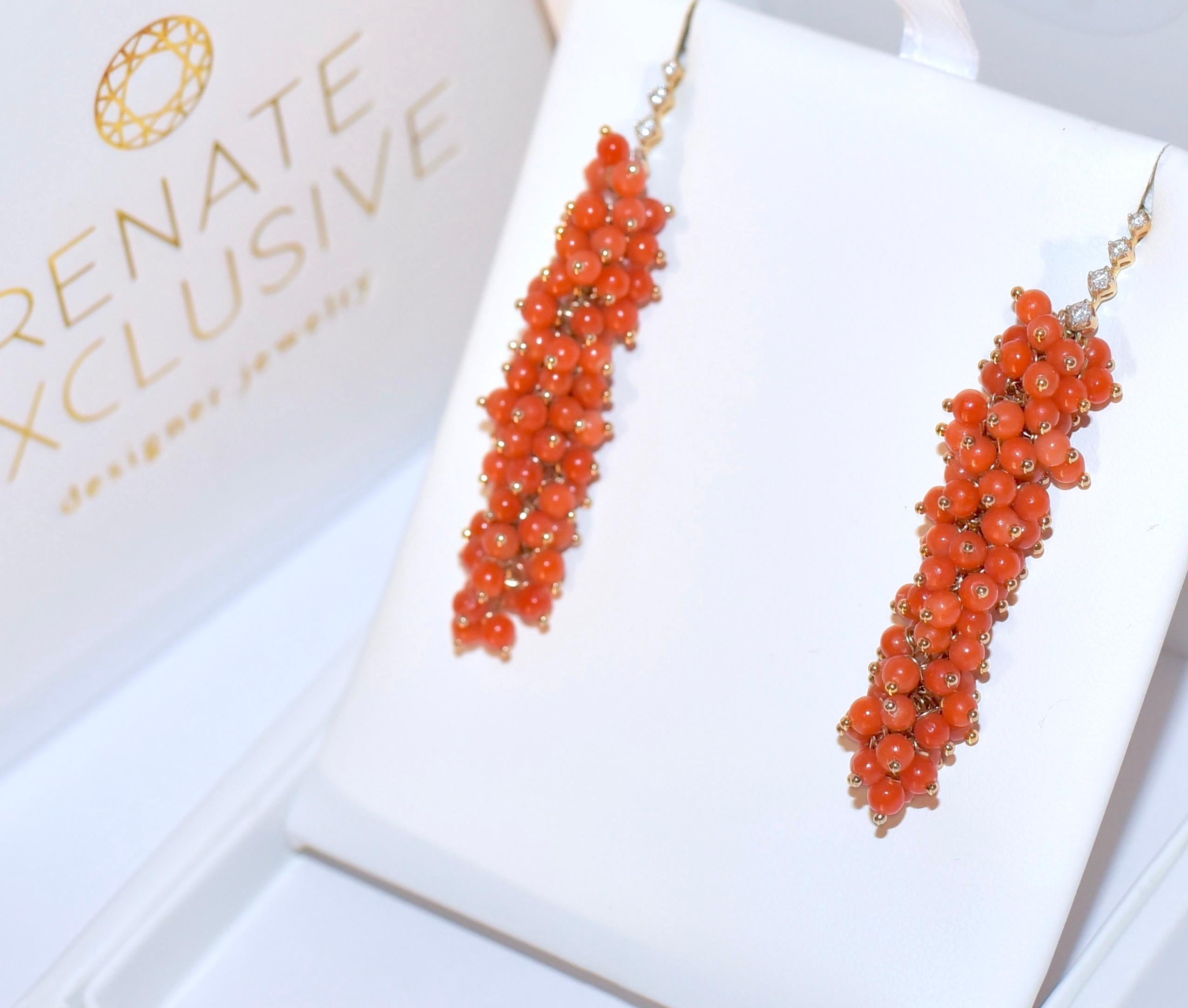 Italian Sardinia Salmon Orange Coral Earrings in 14K Solid Yellow Gold, Diamonds 1