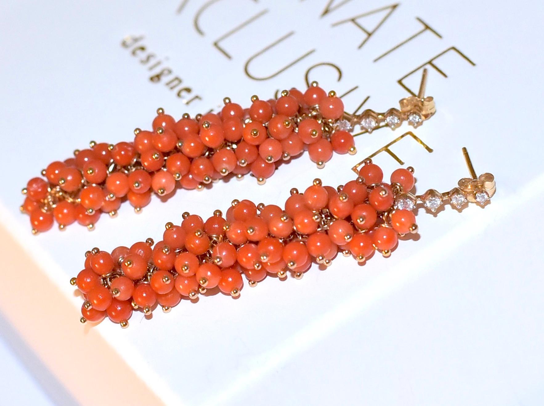 Italian Sardinia Salmon Orange Coral Earrings in 14K Solid Yellow Gold, Diamonds 2