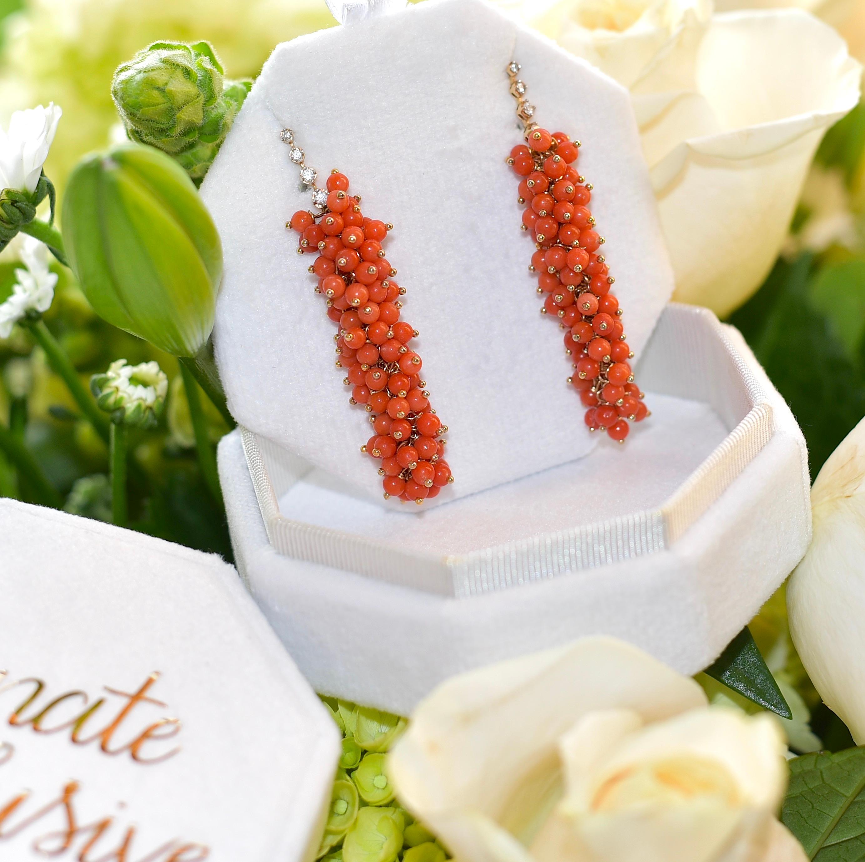 Bead Italian Sardinia Salmon Orange Coral Earrings in 14K Solid Yellow Gold, Diamonds