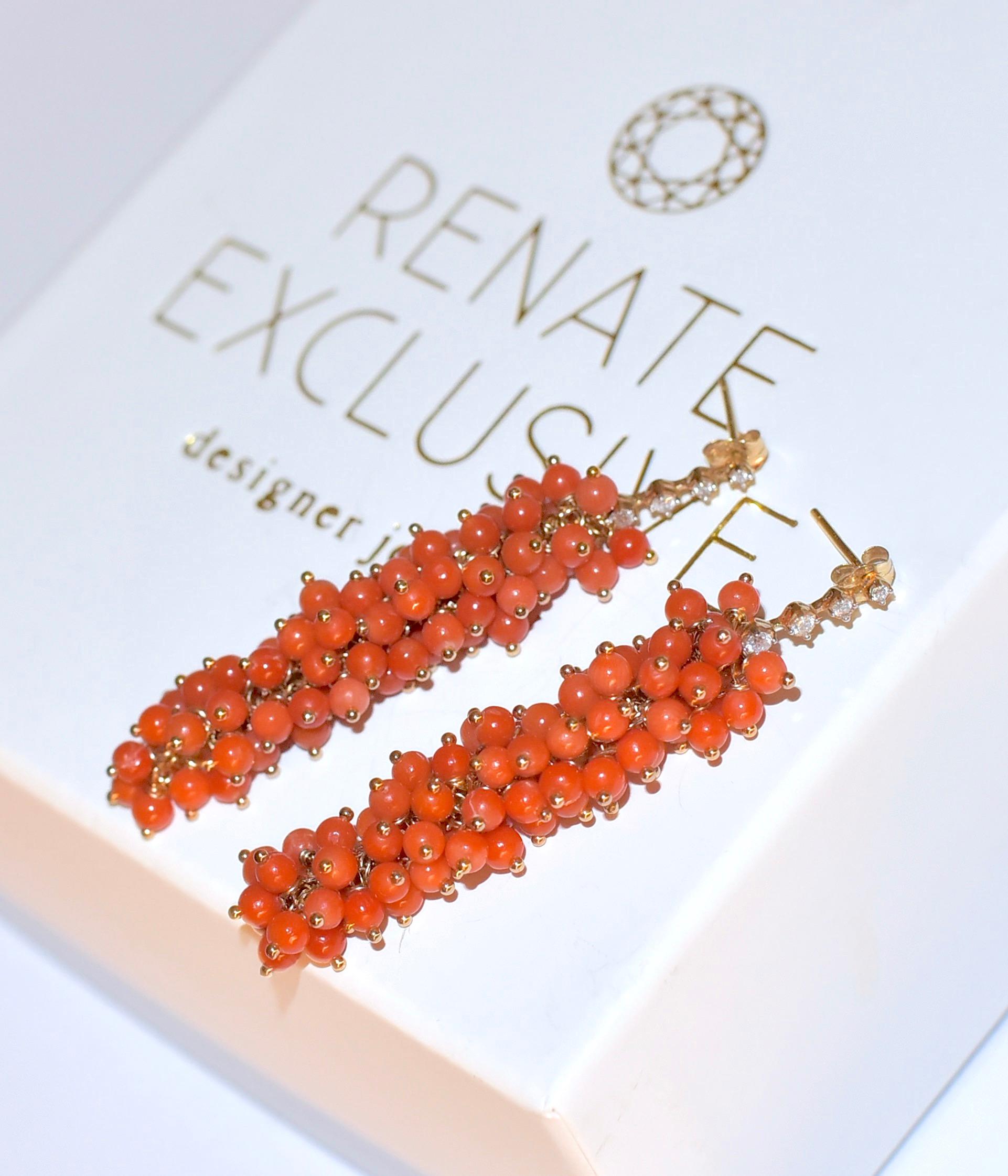 Women's Italian Sardinia Salmon Orange Coral Earrings in 14K Solid Yellow Gold, Diamonds