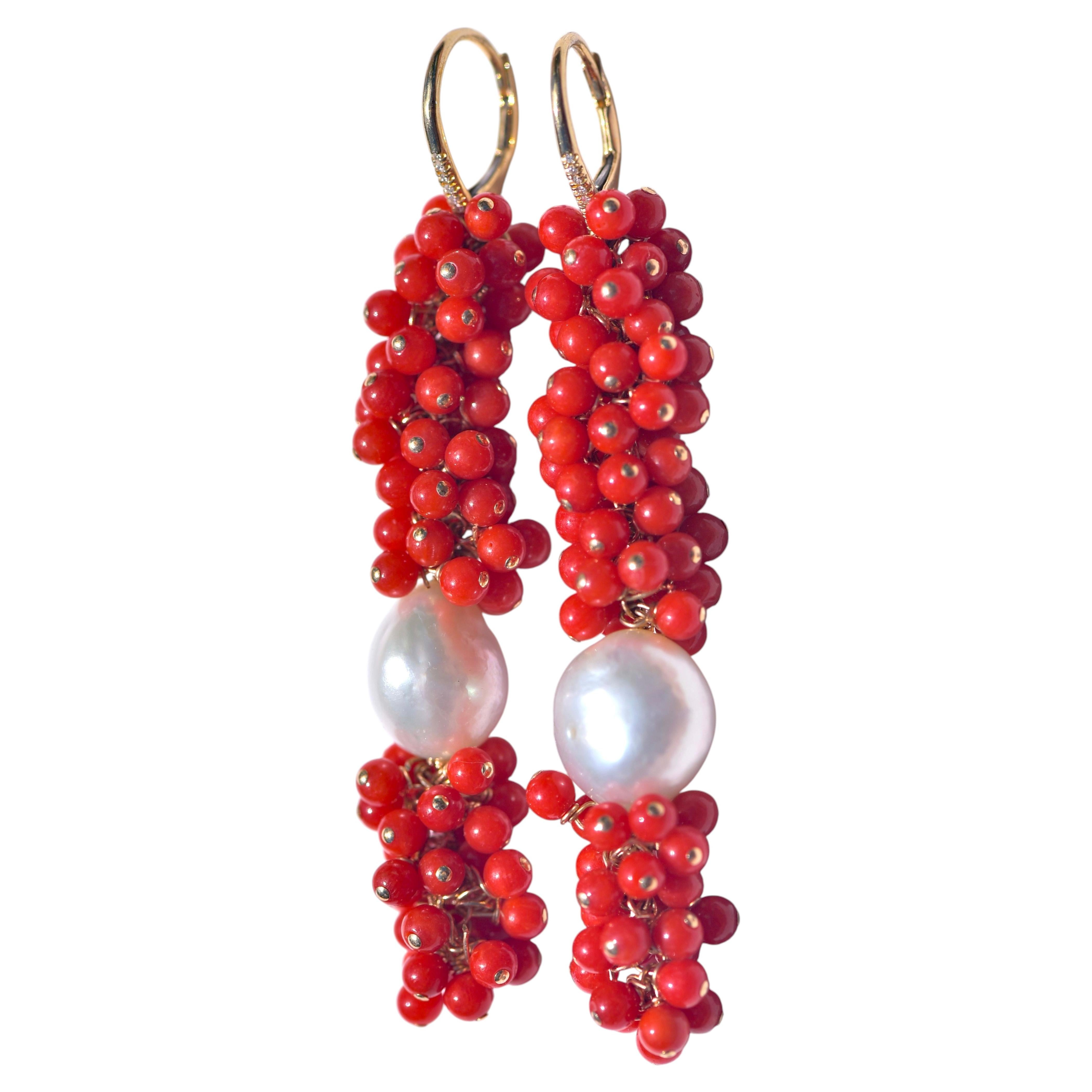 Italian Sardinia Undyed Coral, South Sea Pearl Earrings in 14K Solid Yellow Gold For Sale