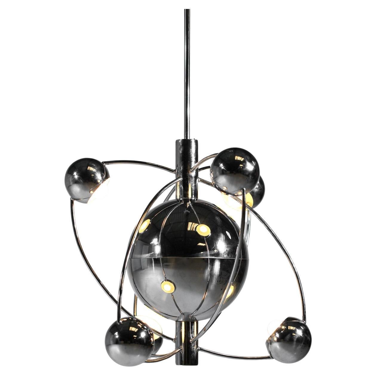 Italian "satellite" chandelier 60s orbital chrome steel Goffredo Reggiani  For Sale