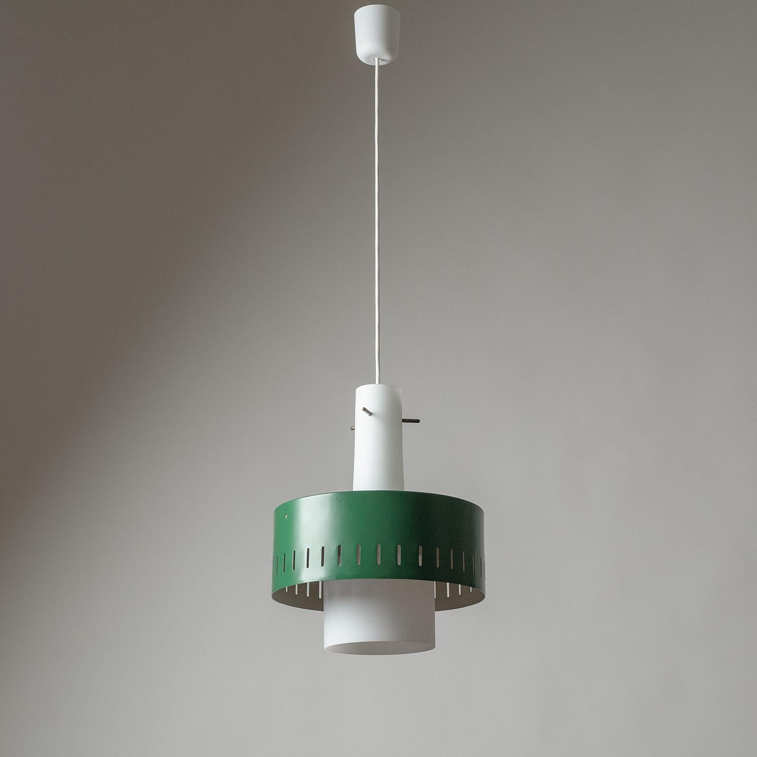 Classic Italian modernist pendant from the 1950-1960s. A satin glass diffuser with a green-lacquered and pierced aluminum shade is held by three brass stems. One original brass and ceramic E27 socket with new wiring. Body height is 33cm/13