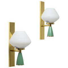 Italian Satin Glass Sconces, 1950s, Brass and Green