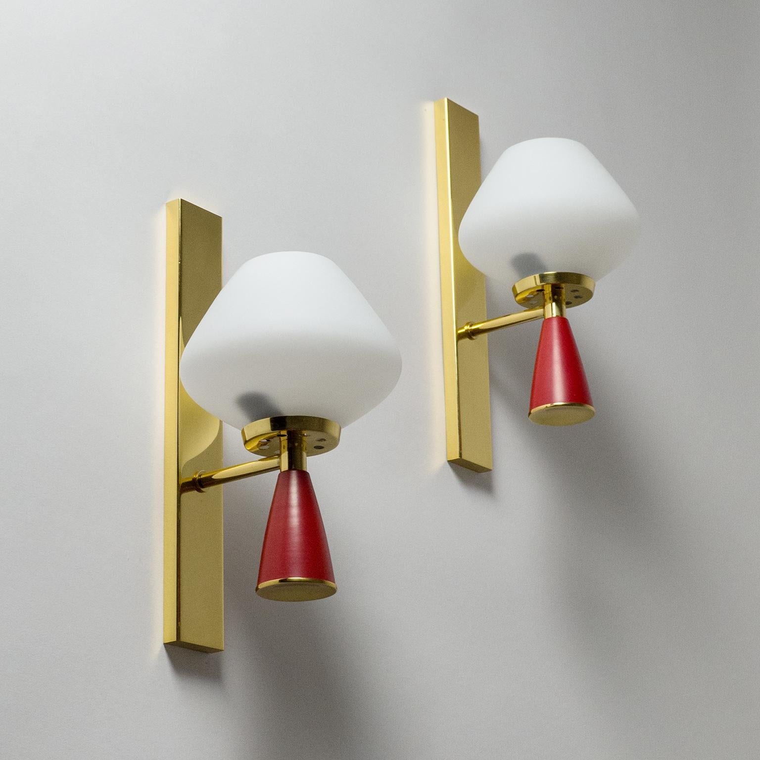 Italian Satin Glass Sconces, 1950s, Brass and Red 3