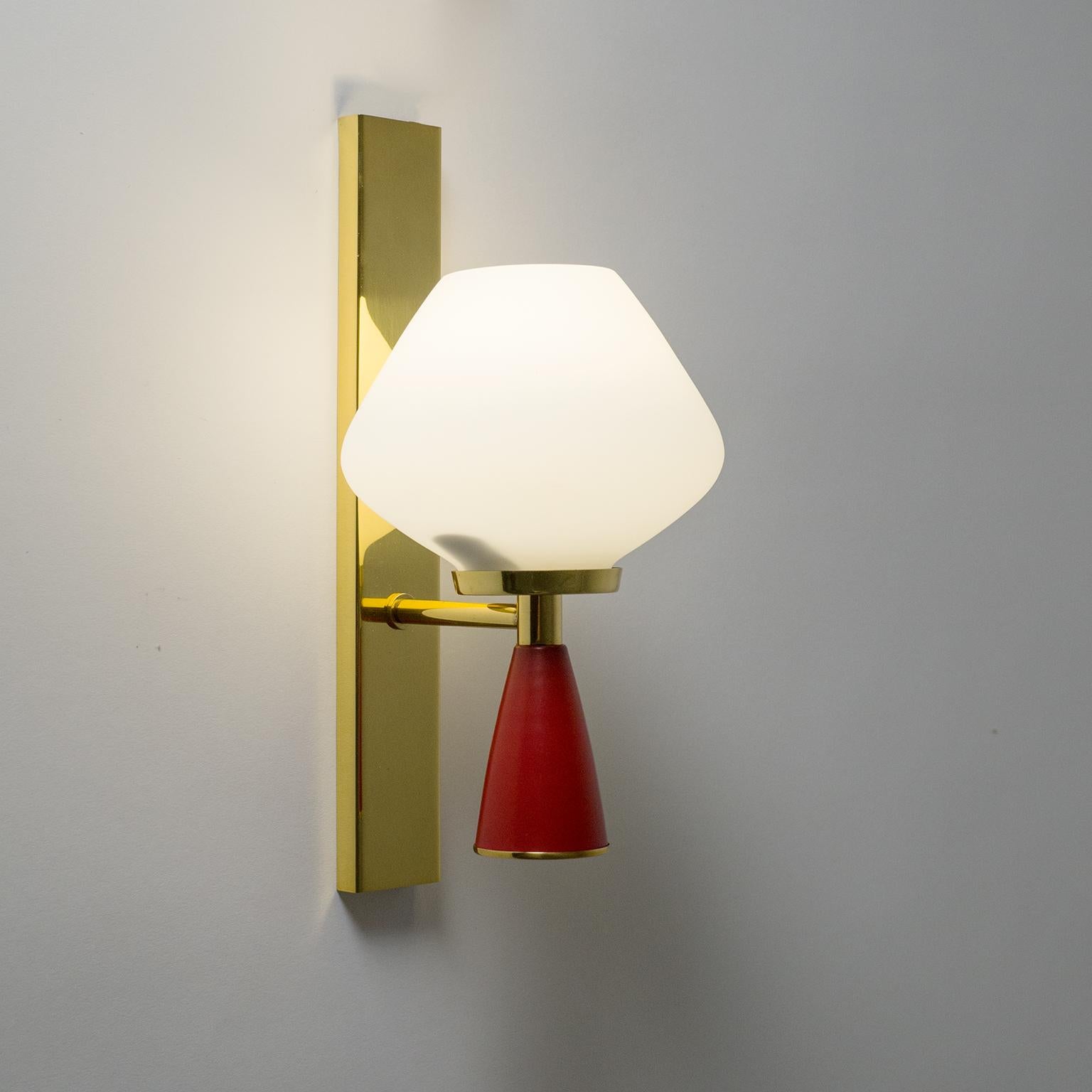 Italian Satin Glass Sconces, 1950s, Brass and Red 4