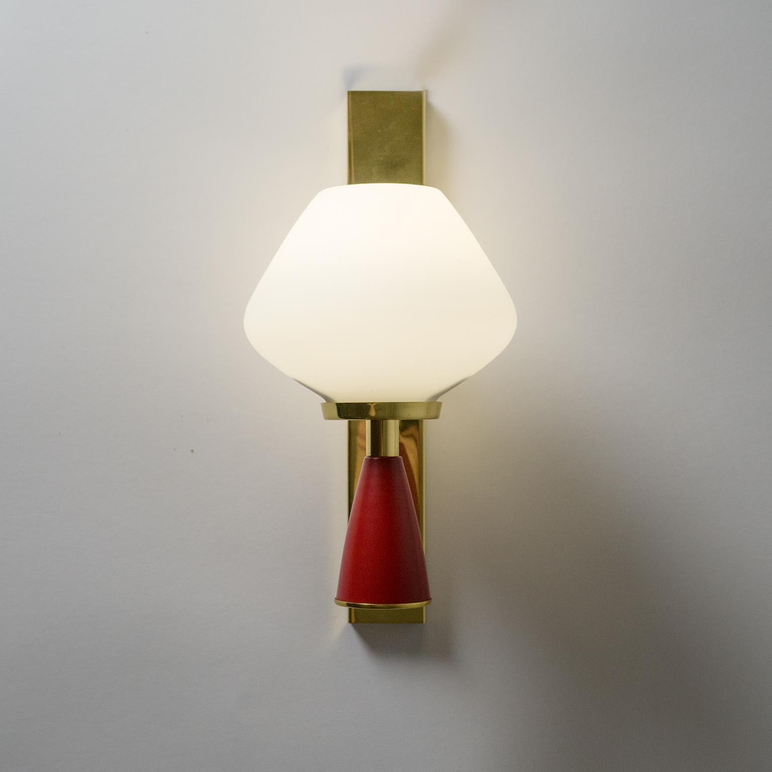 Italian Satin Glass Sconces, 1950s, Brass and Red 5