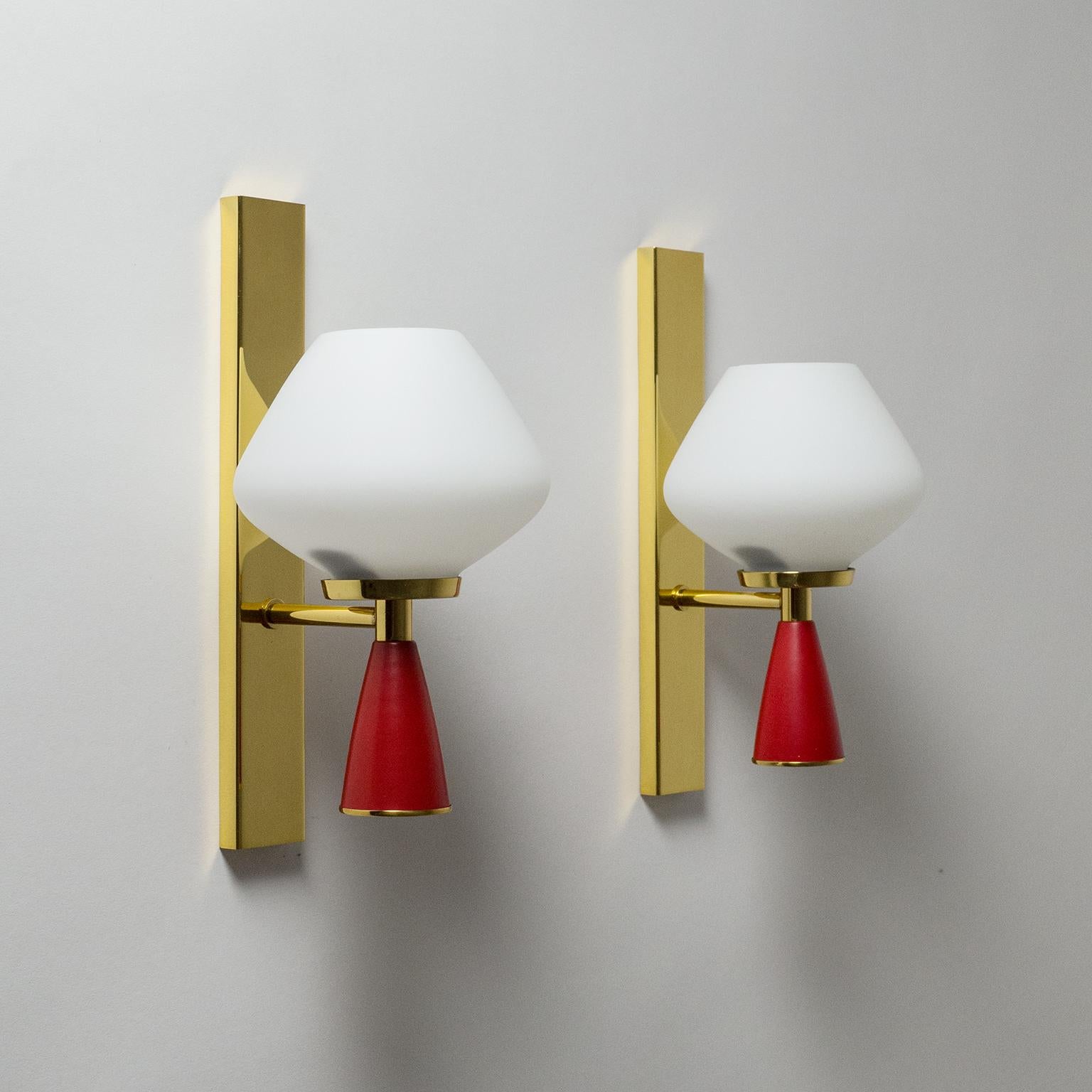 Mid-Century Modern Italian Satin Glass Sconces, 1950s, Brass and Red