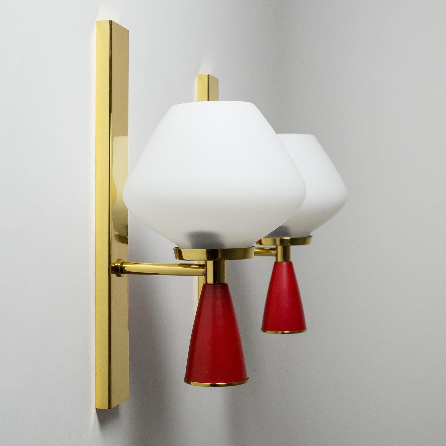 Frosted Italian Satin Glass Sconces, 1950s, Brass and Red